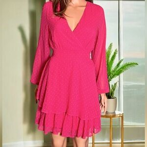 Japna Mini Dress. Hot Pink Chiffon Swiss Dot Ruffle Detail.
Size Medium.